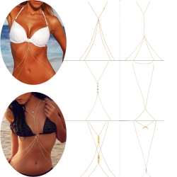 Sexy Gold Body Chains Charm Layered Belly Chain Necklace Bikini Ladies Crossover Necklace Beach Jewelry for Women (Style A-6 Pieces)